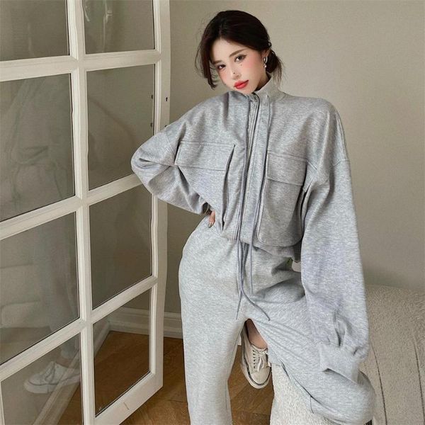 

women's two piece pants autumn women sport tracksuit long sleeve zipper jacket high waist casual sweatpant 2 set fashion korean loose s, White
