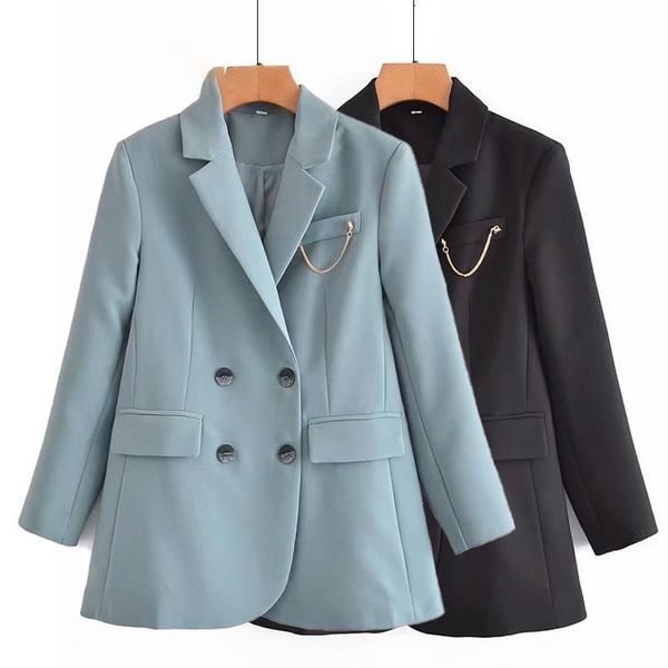 

women's suits & blazers women fashion metal chain brooch detail autumn wrist sleeve loose double breasted office lady suit jacket stree, White;black