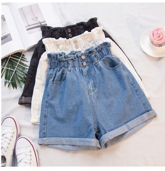 

ladies skirt women denim pockets button plus size 5xl black harem ruffle casual shorts summer high waisted elastic bottom female, White