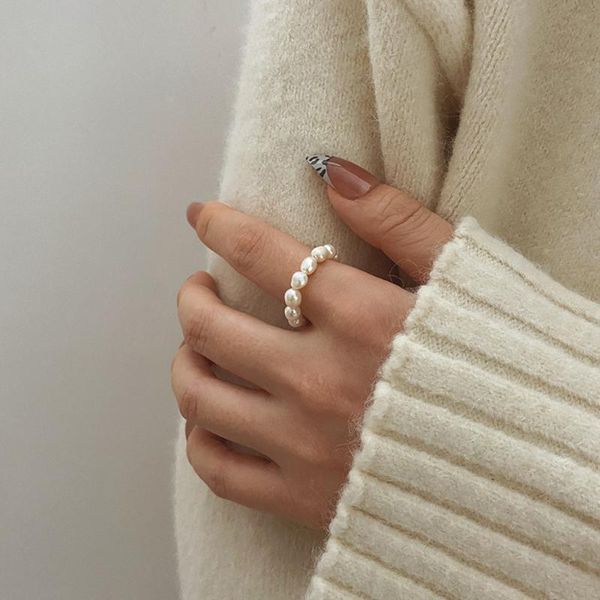 

wedding rings ifmia kpop cute multi beaded imitation pearl adjustable rope chain for women continuous circle minimalist ring 2021, Slivery;golden