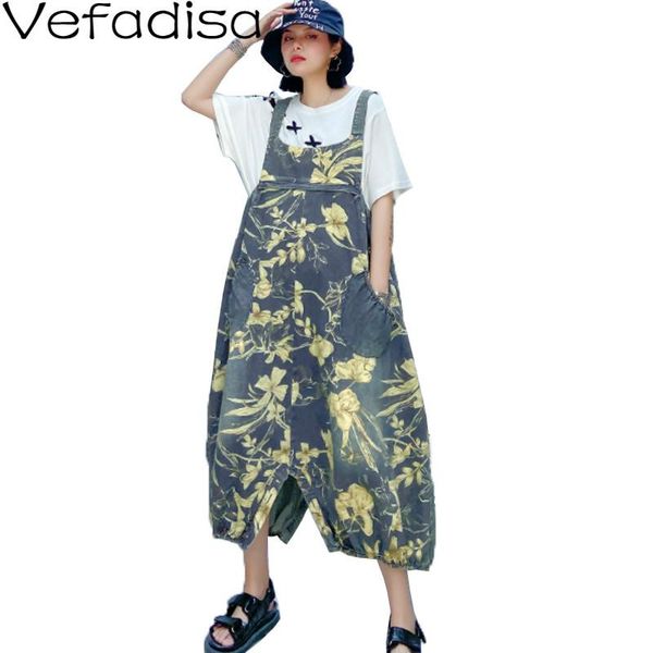 

women's jumpsuits & rompers vefadisa plus size floral print denim overalls summer women 2021 sleeveless two-wear qyf2737, Black;white
