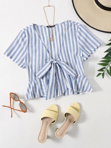 

striped knot front ruffle hem x1qr#, White