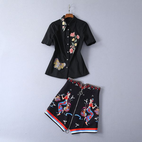 

two piece dress european and american women's clothing summer style short-sleeved shirt embroidered butterfly flower printed skirt suit, White