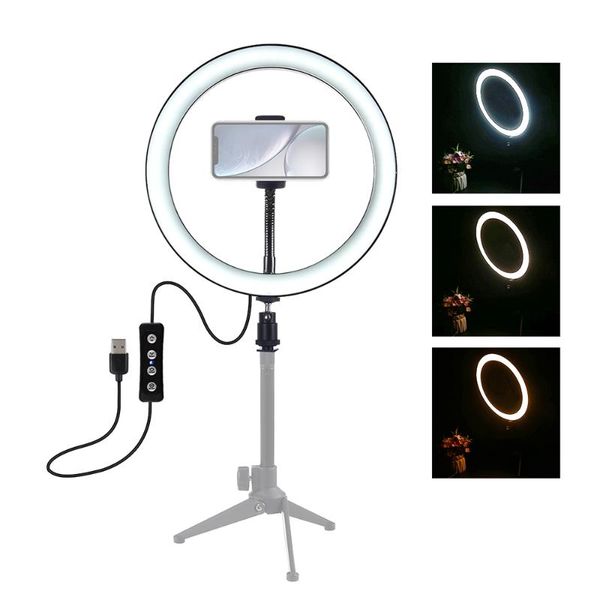 

flash heads 10" dimmable led selfie round light with phone clip brightness adjustable lamp for live broadcast pography video