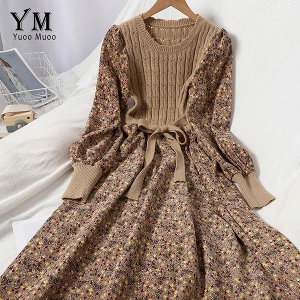 

casual dresses yuoomuoo good quality corduroy floral print long dress autumn winter women patchwork knit korean fashion vintage, Black;gray