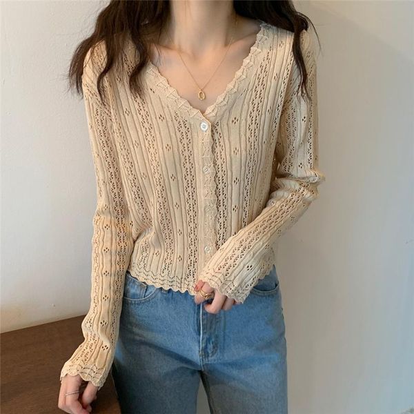 

women's knits & tees hzirip chic solid hollow out knitting sweater v-neck women korea 2021 autumn retro office lady fashion elegantall-, White