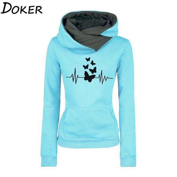 

women hoodie sweatshirts winter fashion butterfly embroidery long sleeve plus size ladies pullovers warm pocket hooded jacket 210603, Black