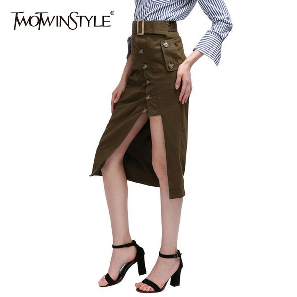 

twotwinstyle asymmetrical armygreen skirt for women high waist side split irregualr casual skirts female fashion clothing 210517, Black