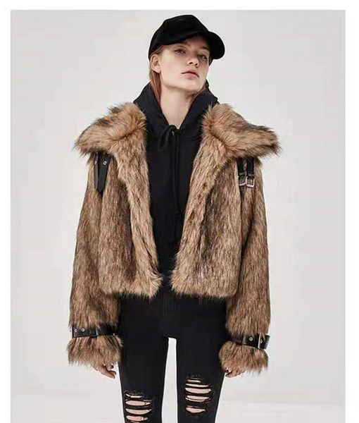 

women's fur & faux long sleeve jacket 2021 fall winter warm short, Black