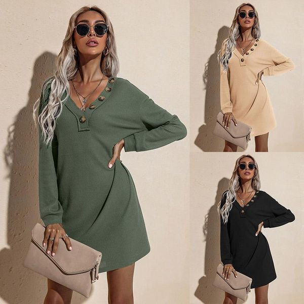 

casual dresses imcute spring/autumn fashion v-neck button decorated hip knit dress high street long sleeve loose slim a-line skirt 90s, Black;gray