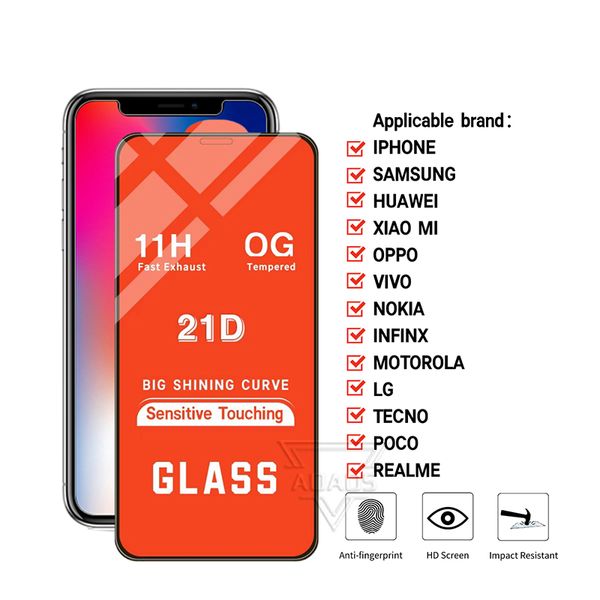 Filme protetor de tela de vidro temperado de cobertura completa 21D para iPhone15 14 13 12 mini 11 pro max XR XS 6 7 8 Samsung MOTO LG K31 K51 K61 stylo K50S K41S