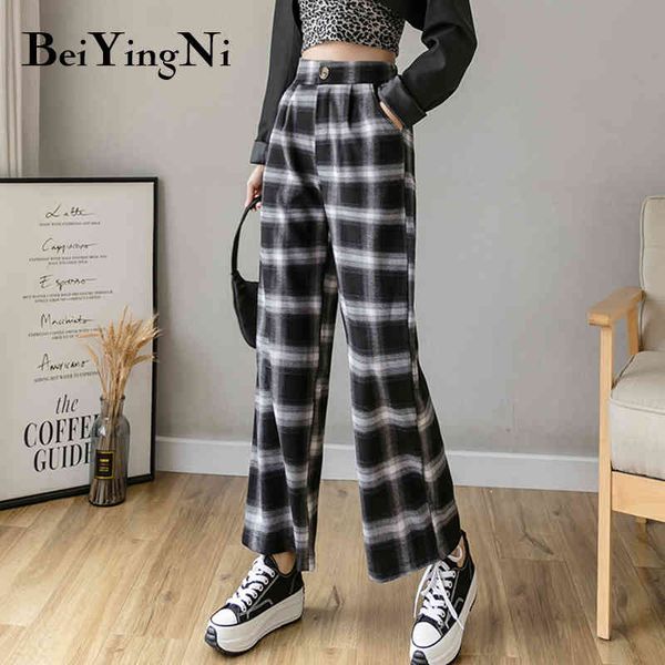 

plaid casual wide leg pants women leisure spell color korean sweatpants slim retro young streetwear elastic waist pant 210427, Black;white