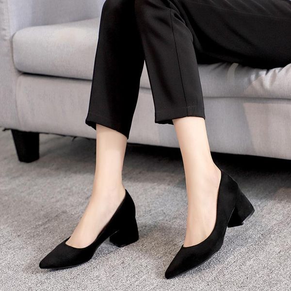 

dress shoes spring style thick heel pointed professional shallow mouth versatile high heels, Black