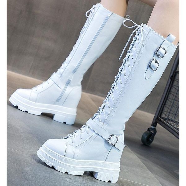 

boots winter plush height increasing wedges platform buckle strap cross-tied genuine leather women knee-high long equestrian dvyi, Black
