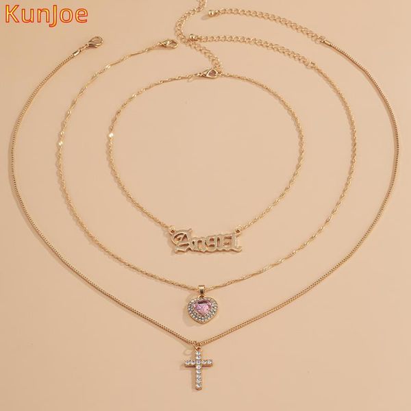 

kunjoe charm crystal cross multilayer pendant necklace for women heart choker letter angel couples jewelry gift necklaces, Silver