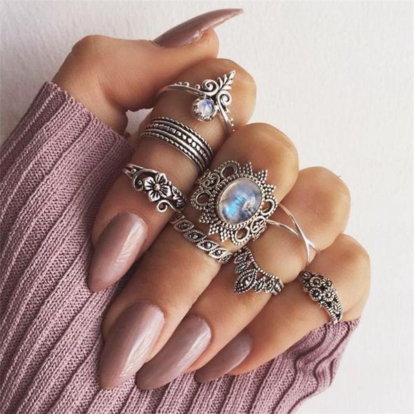 

cluster rings 8 pcs/set bohemian retro women opal flower leaves rhinestone crown geometric silver ring set valentine's day gift accesso, Golden;silver