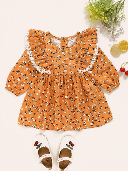 

girl's dresses baby clothes 6 months girl orange little flower ruffled dress toddler spring outfits pography, Red;yellow