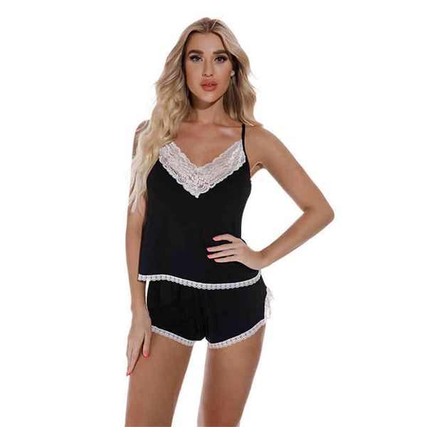 

2021 young ladies lingerie model 2 pieces women sleepwear pajamas with lace trim 211208, Black;white