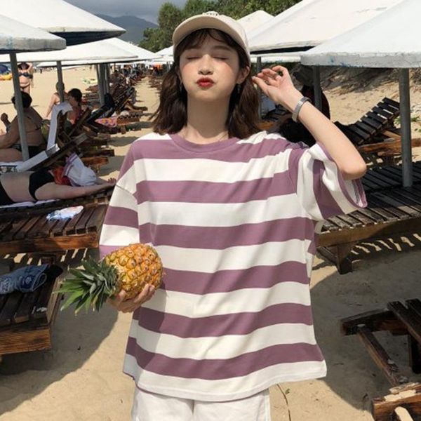 

women's t-shirt korean t shirt women fashion striped o neck half sleeve 2021 summer ladies loose casual tshirt camiseta feminina, White