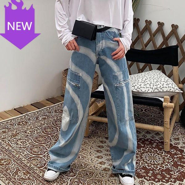 

wide leg jeans female 2021 autumn large size fashion streetwear stripe denim women's pants high waist pocket, Blue