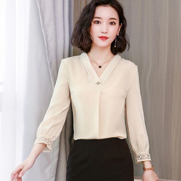 

women's blouses & shirts a2021 chiffon v-collar blouse female patchwork spring wear plus size womens and blousse shirt blusas 1951 50, White