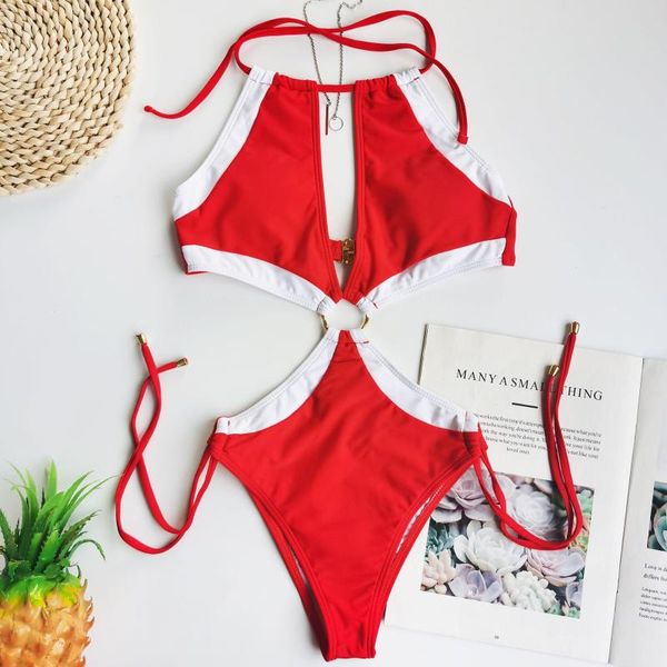 

one-piece suits swimwear women high neck push up hollow out swimsuit solid red lace backless bodysuit bathing cuit thong bikini monokin