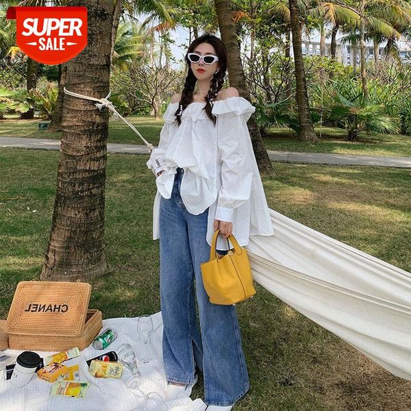 

[ice mint] the color is refreshing one-shoulder lotus leaf lace shirt, white leather lady bi into mint green #cf2j