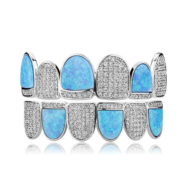 

hip hop gold plated zircon braces with sky blue opal gem teeth grillz men women's bottom grills set, Black