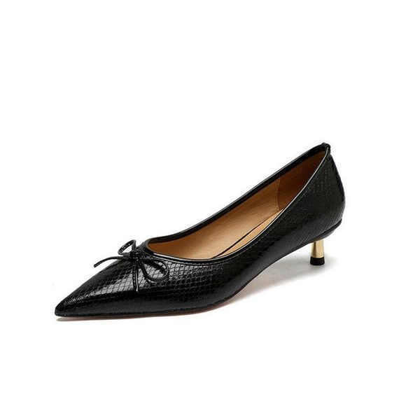 

dress shoes royal blue women's 2021 bowknot snakeskin shallow mouth work pointed toe fine heel low heels pumps, Black