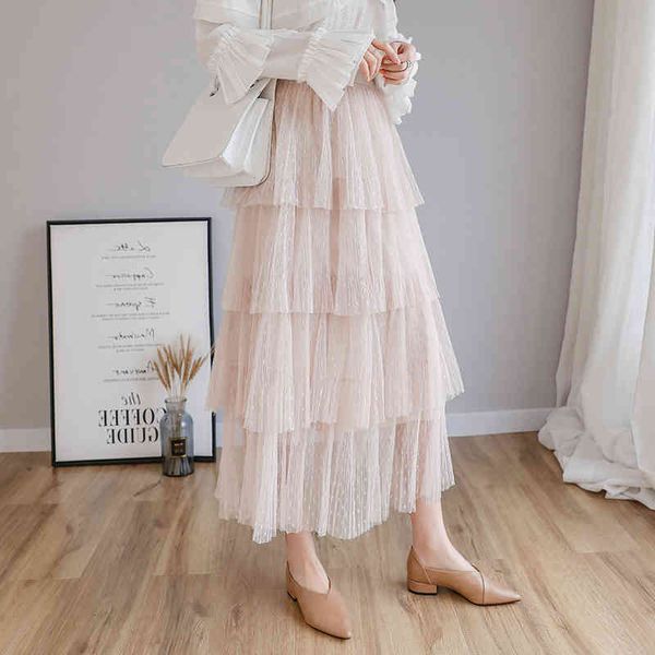

fitaylor spring new sweet cake layered long mesh princess high waist ruffled vintage tiered tulle pleated ins skirts 210323, Black
