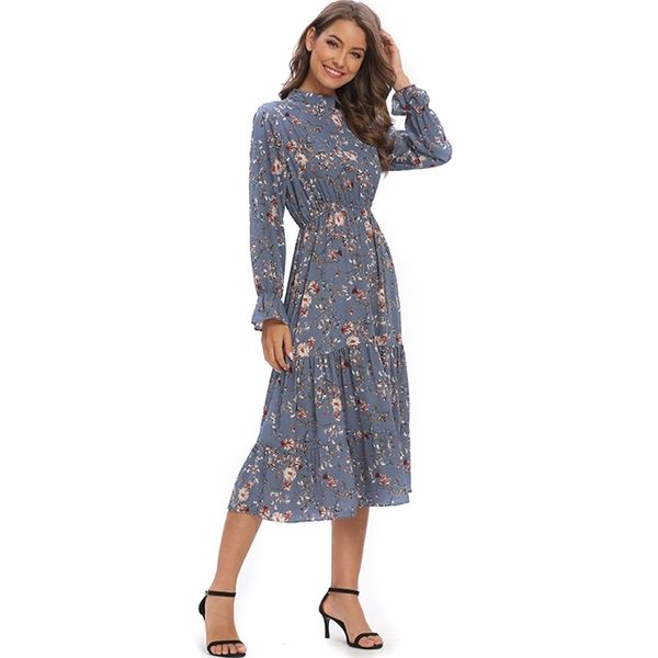

vangull new floral chiffon blue dress crew neck long sleeve lotus leaf elastic high waist mid-length a-line chic feminine dress, Black;gray