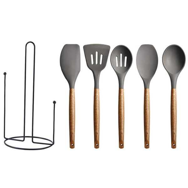 

toilet paper holders set of 5 silicone cookware set, wooden handle spatula, spoon brush, non stick & 1x holder