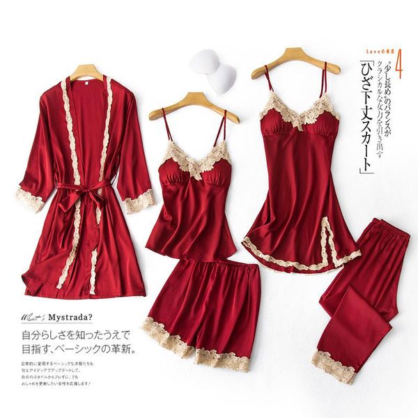

women's sleepwear 2021 fall winter women ice silk pajamas set nightgown casual nightwear home clothing sling lace 5pcs, Black;red