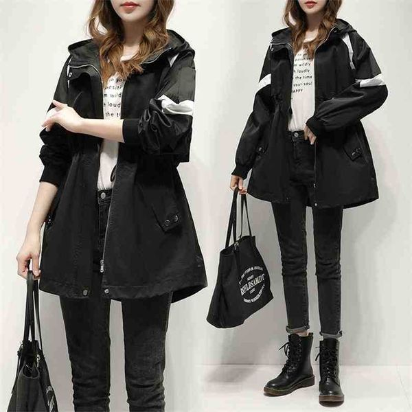 

women streetwear casual trench coat spring autumn fashion korean oversize hooded long coats woman patchwork plus size jacket 210525, Tan;black
