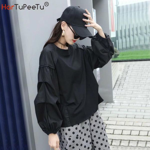 

autumn casual shirts women puff long sleeve black blouse 3 colours japan style patchwork pleated design basic pullover women's blouses, White