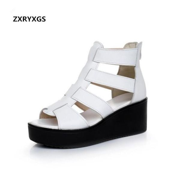 

elegant comfortable genuine leather sandals wedge with roman female summer platform shoes fashion, Black