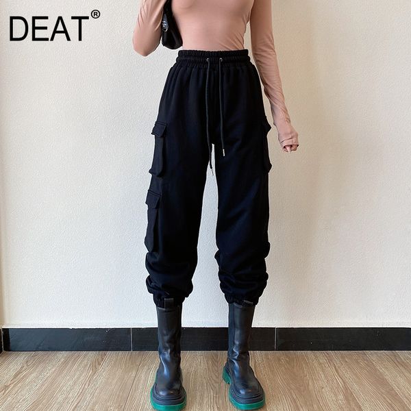 

high elastic waist white multi-pocket cargo pantstrousers loose fit pants women fashion tide spring autumn gx55 210421, Black;white