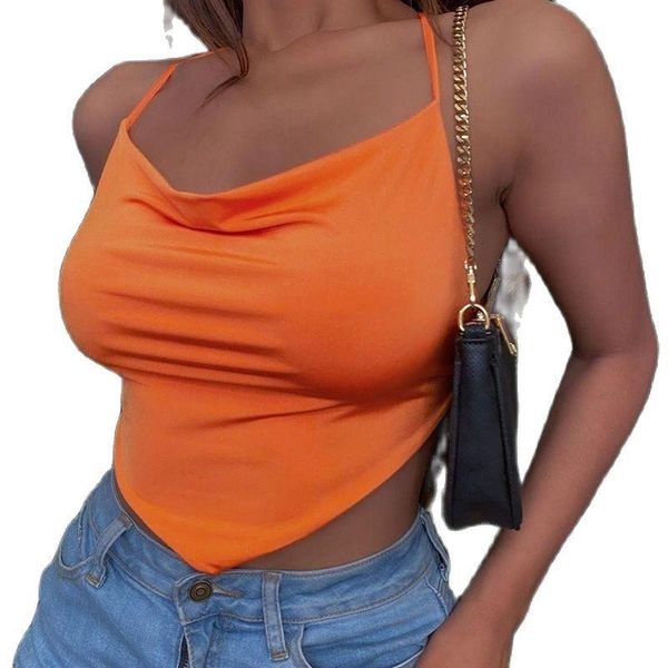 

women's tanks & camis solid color open back bandage hanging neck vest diamond wave edge belly pocket sling, White