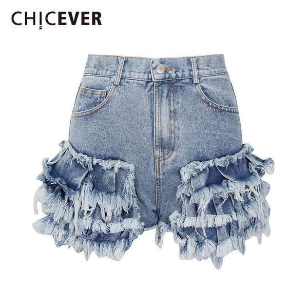 

chicever casual blue shorts for women high waist patchwork ruffles pockets asmmetrical slim short pant female summer, White;black