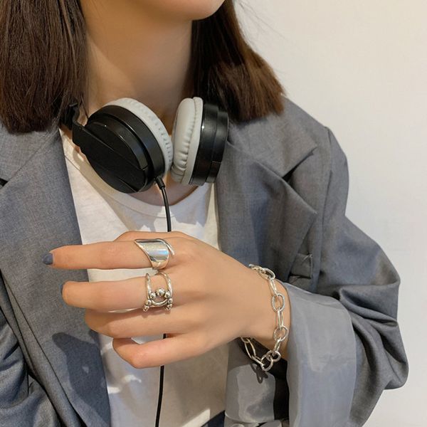 

925 sterling silver ins fashion ring women's minority design smooth geometric personalized index finger tii4, Golden;silver