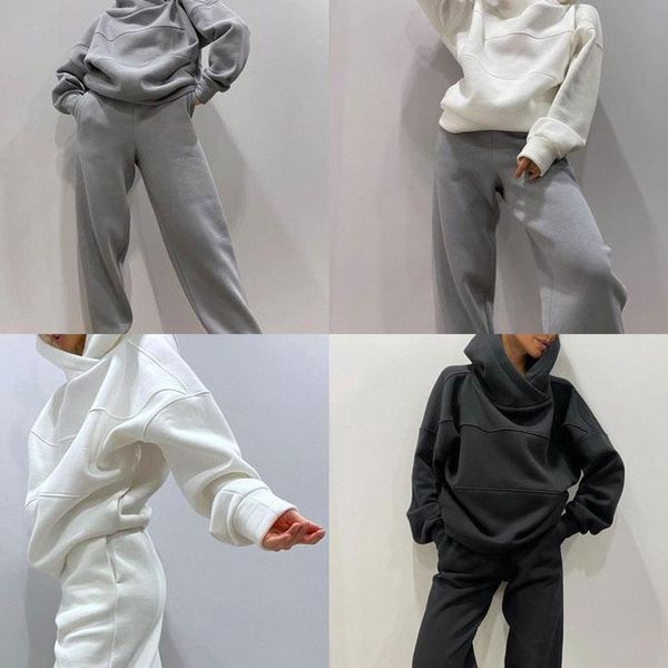 

women's two piece pants solid fleece pieces set women hoodied pullover high waist trousers lady tracksuits casual 2021 autumn winter fe, White