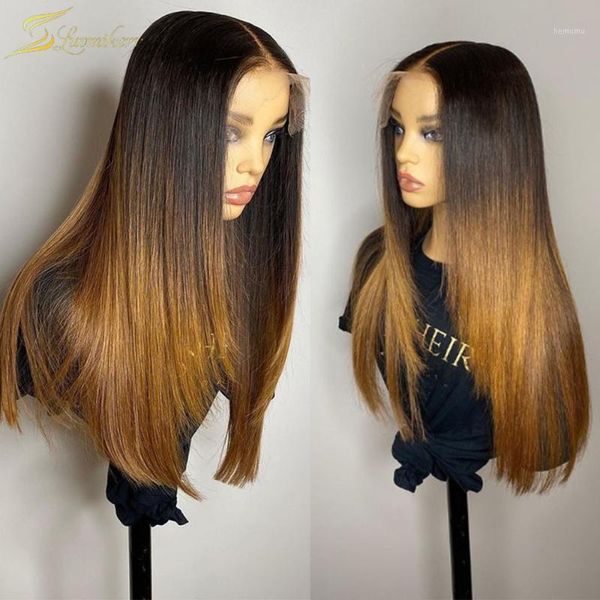 

ombre pre plucked closure honey blonde color human hair wigs hd transparent 13x6 lace front for black women brazilian full1, Black;brown