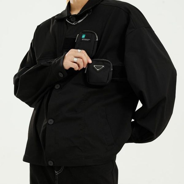 

male streetwear fashion hip hop loose short cargo jacket outerwear men bag long sleeve casual shirt style coat men's jackets, Black;brown
