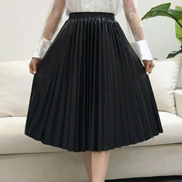 

skirts women long pleated skirt spring autumn pu leather high waist solid women's big swing 2021 ladies casual party maxi, Black