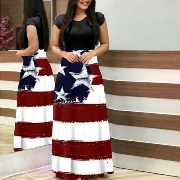 

casual dresses american flag print dress women summer short sleeve o neck loose long swing maxi vestiti donna estate #g4, Black;gray