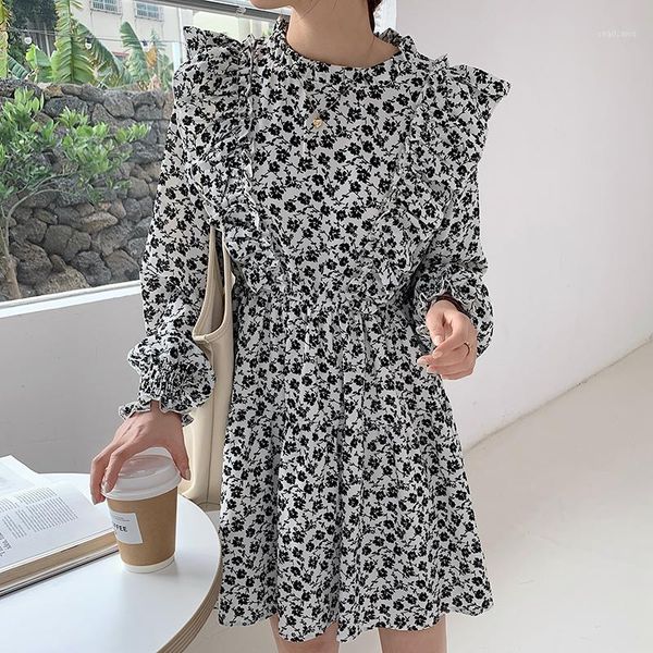 

casual dresses chiffon dress women vintange printed floral above knee ruffles office ladies long sleeve spring summer vestidos, Black;gray