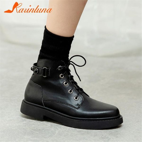 

boots karin metal arrival cow leather bukle straps cross-tied ankle leisure round toe low heels women shoes1, Black