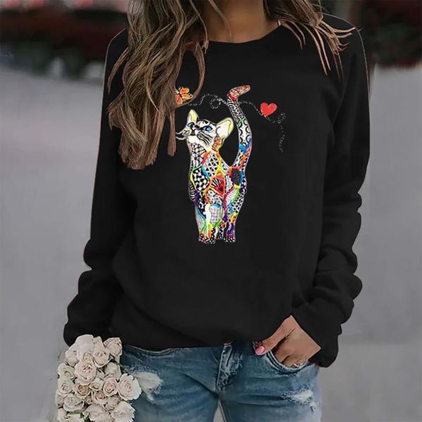 

women's t-shirt 4#women clothes spring autumn casual pullovers clothing funny cute cat 3d print long sleeve t-shirts ladies fashion, White