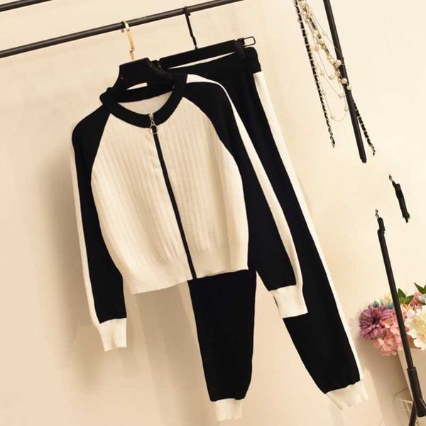 

women 's knitting tracksuits o-neck zipper knit jacket coat and pocket pencil pants set sweater two piece sets for woman 210601, White