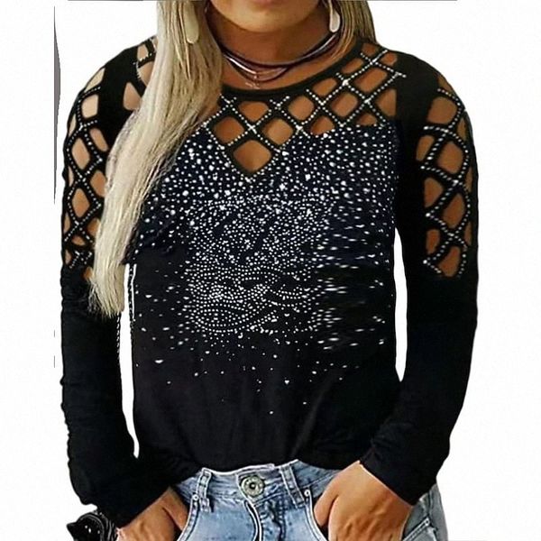 

women's plus size blouse shirt plain sequins cut out long sleeve crewneck basic streetwear daily weekend polyester fall black d0v3#